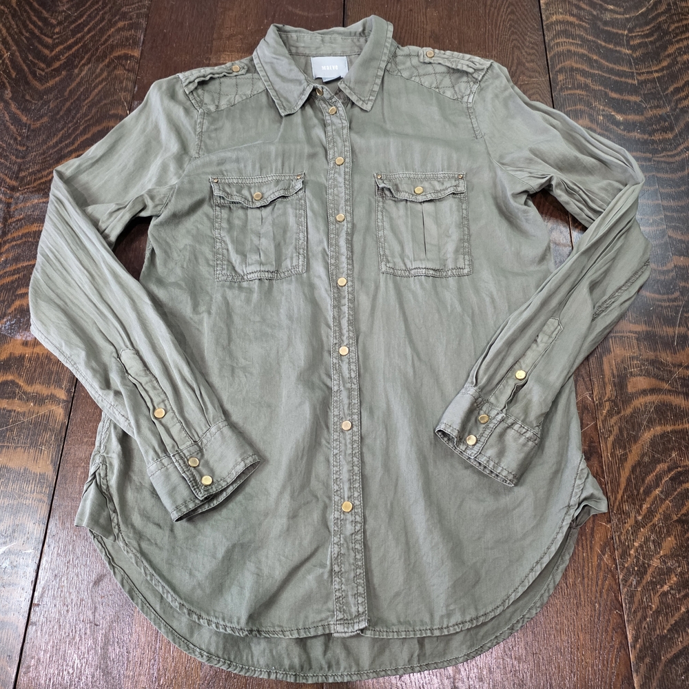Mauve by Anthropology long-sleeve button-up utility‎ shirt olive green sz 2